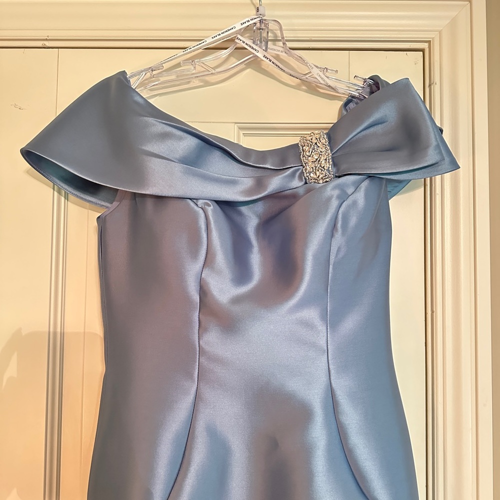 Sachin + Babi Satin Off-Shoulder Dusty Blue Evening Dress